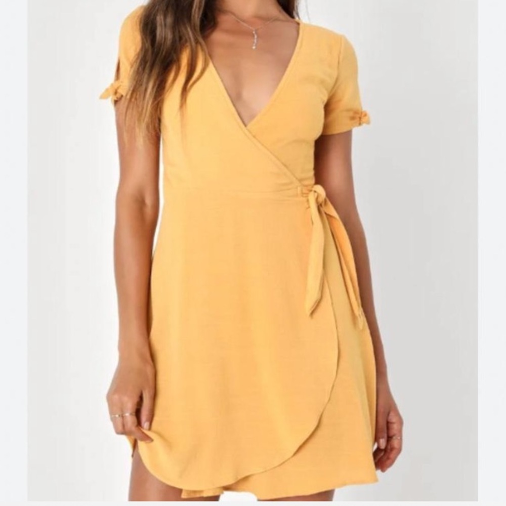 Lulu's Mustard Yellow Wrap Mini Dress